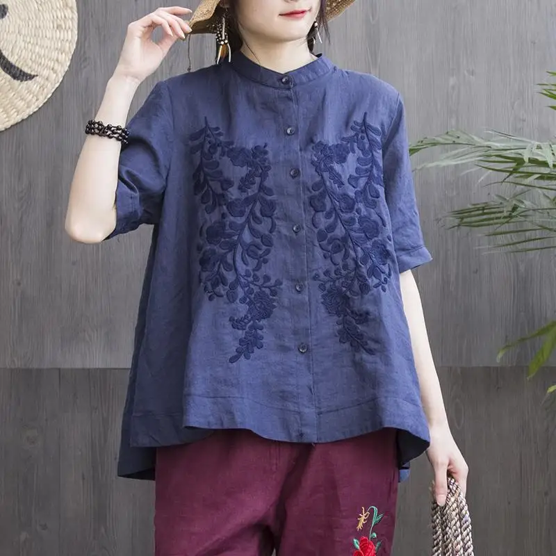 

Новый летний Стиль женская рубашка размера плюс с коротким рукавом свободное платье с вышивкой, хлопковая льняная блузка Большие женские т...