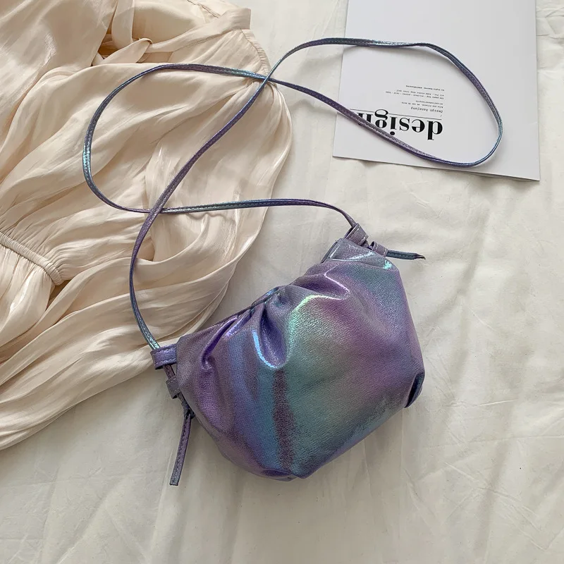 

S.IKRR Colorful Women Cloud Bag PU Leather Shoulder Bags Pleated Dumplings Bag Fashion Ladies Portable Handbag Messenger Bag
