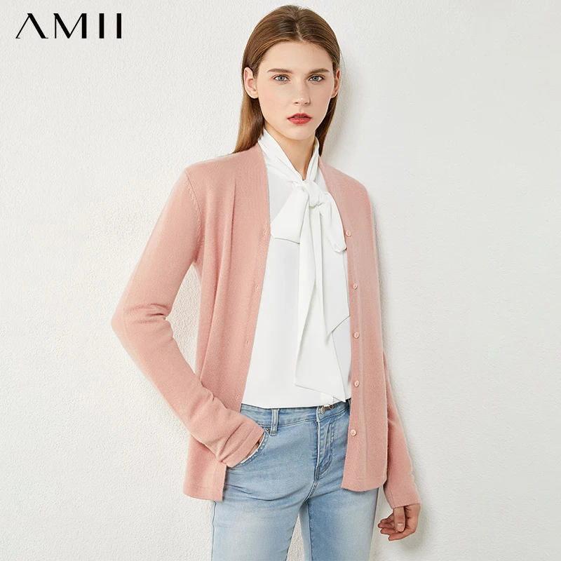 Amii Minimalism Autumn Winter Cardigans For Women Fashion Vneck Single-breasted Female Cardigan 100%Wool Sweater Tops 12070536