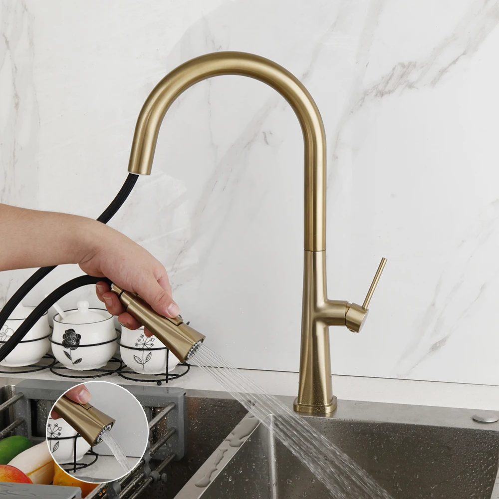 JIENI Brushed Gold Kitchen Faucet Swivel & Pull Out Rotated Sink Mixer Tap Deck Mounted 2 Modes Spray Solid Brass | Обустройство