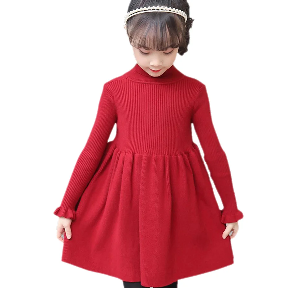 Платье для девочек однотонное вязаное платье-свитер с высоким воротом