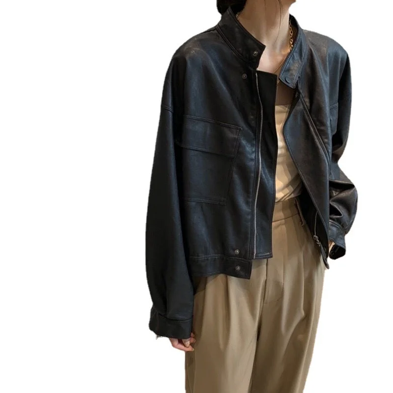 

Spring and Autumn New Korean stand collar handsome PU leather jacket pocket locomotive good quality short leather jacket female