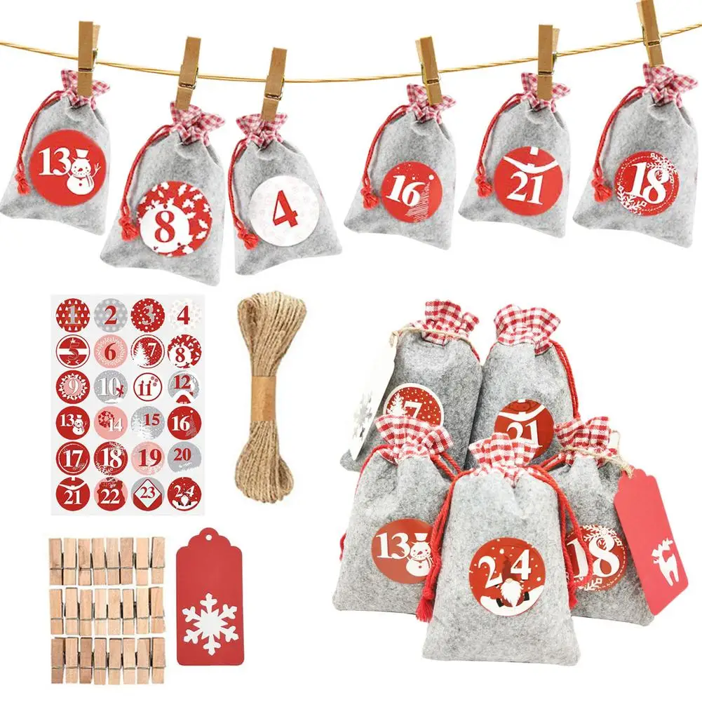 Christmas Gift Bag Set 24 Days Countdown Drawstring Bags With Rope Clips Stickers Candy Storage Pouch Creative Xmas | Дом и сад
