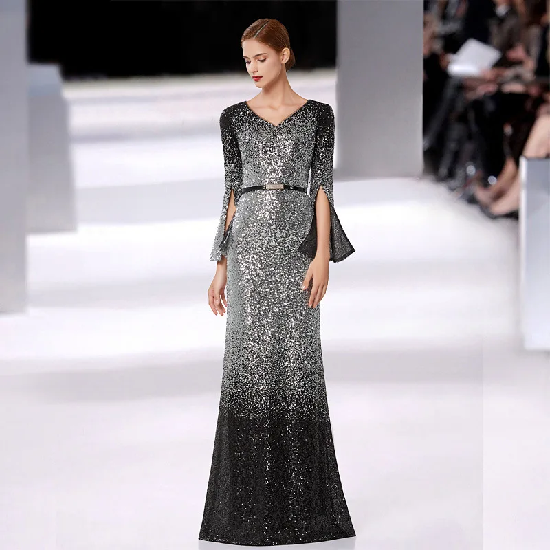 Сексуальные вечерние платья с v образным вырезом и длинным рукавом 2019 элегантные