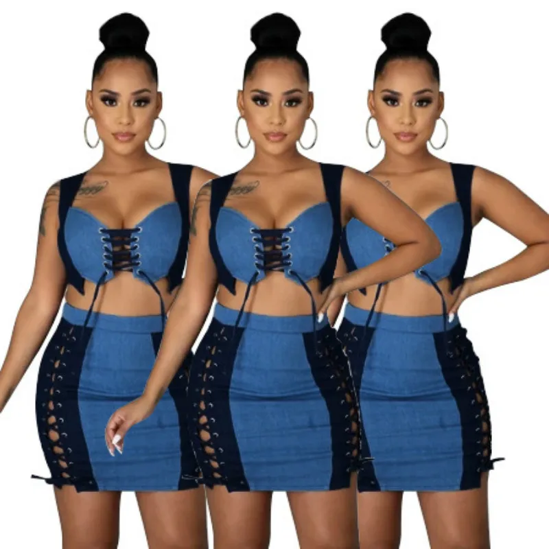 

Summer New Style Women's Sexy Fashion Wrapped Chest Tethered Denim Skirt Two-Piece Suit