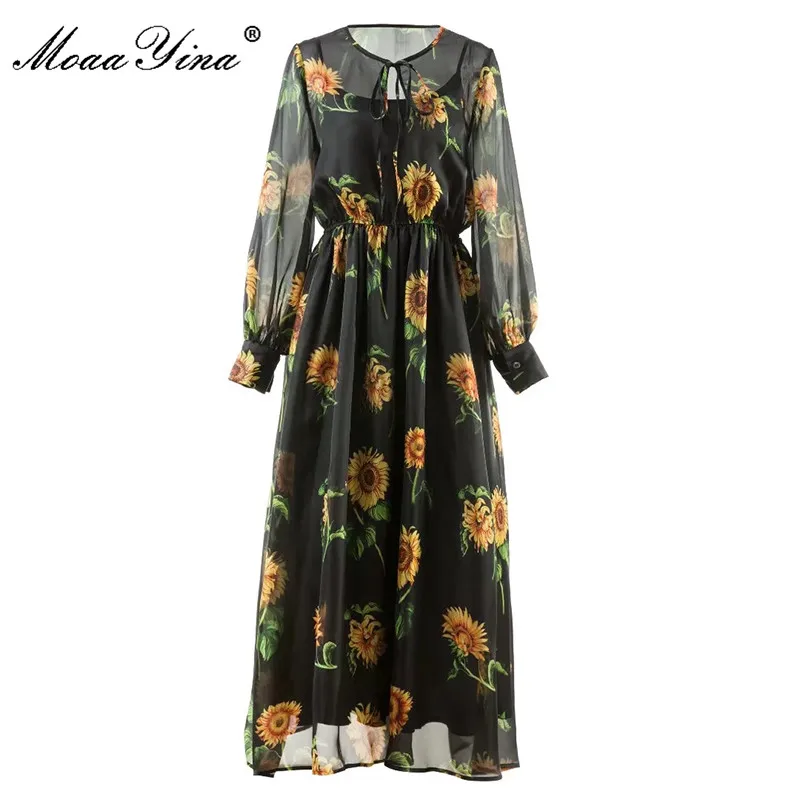 

MoaaYina Fashion Runway Spring Vintage Black Party Dress Women's Lantern sleeve Sunflower Printed Chiffon Elegant Holiday Dress