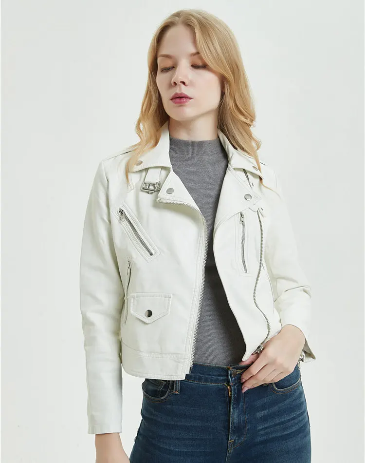 Streetwear Style Ladies Motorcycle Biker Leather Jacket Women Short Moto Zipper Faux Leather Black White Short Jackets and Coats