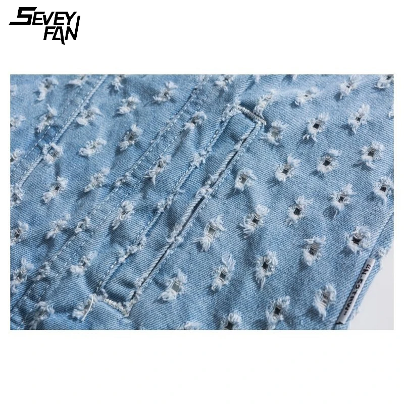 

Men Ripped Hole Jeans Jacket Denim Jackets Fashion Destroy Distressed Oversized Streetwear Harajuku Blue Hip Hop Jean Jacket