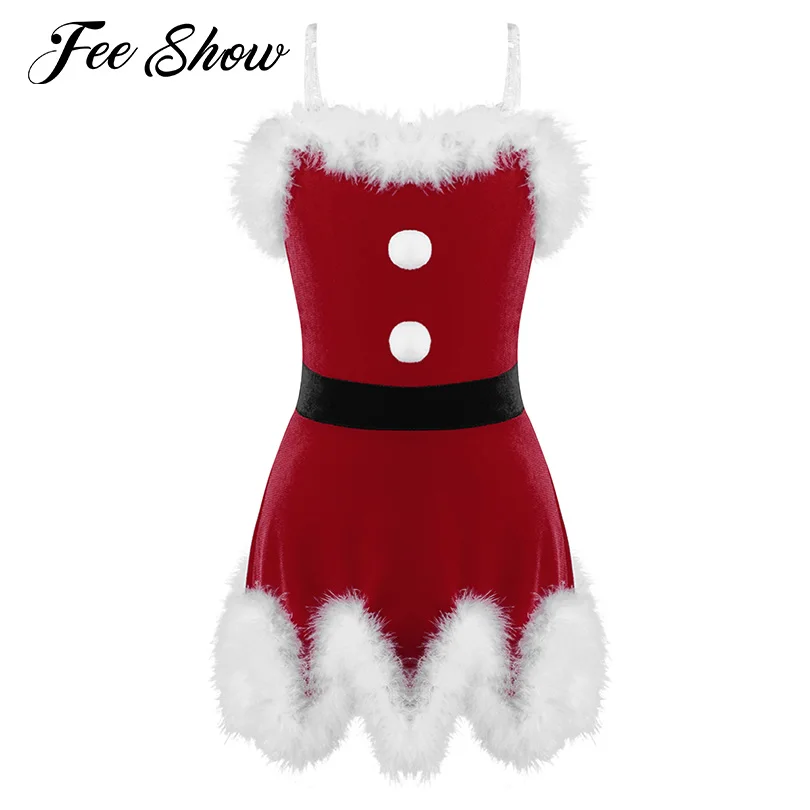 

Kids Girls Christmas Costume Mini Dress Role Play Dress Up Invisible Straps Sleeveless Pompoms Adorned Irregular Hem Cami Dress