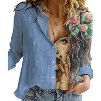 fashion retro portrait floral print women shirt autumn stitching button long sleeve cotton linen blouses casual street lady top