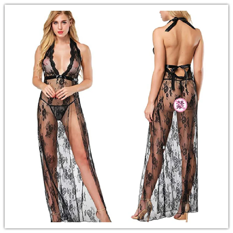 

Robes Long M-XL Sexy Nightgown Deep V Lace Sleepwear Pajamas Mesh High Slit Popular Kimono Wholesale