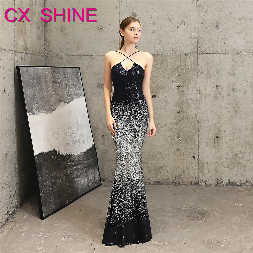 

CX SHINE Wedding party strapless sequin Long evening dresses constrast color mermaid prom party dress robe de soiree Vestido