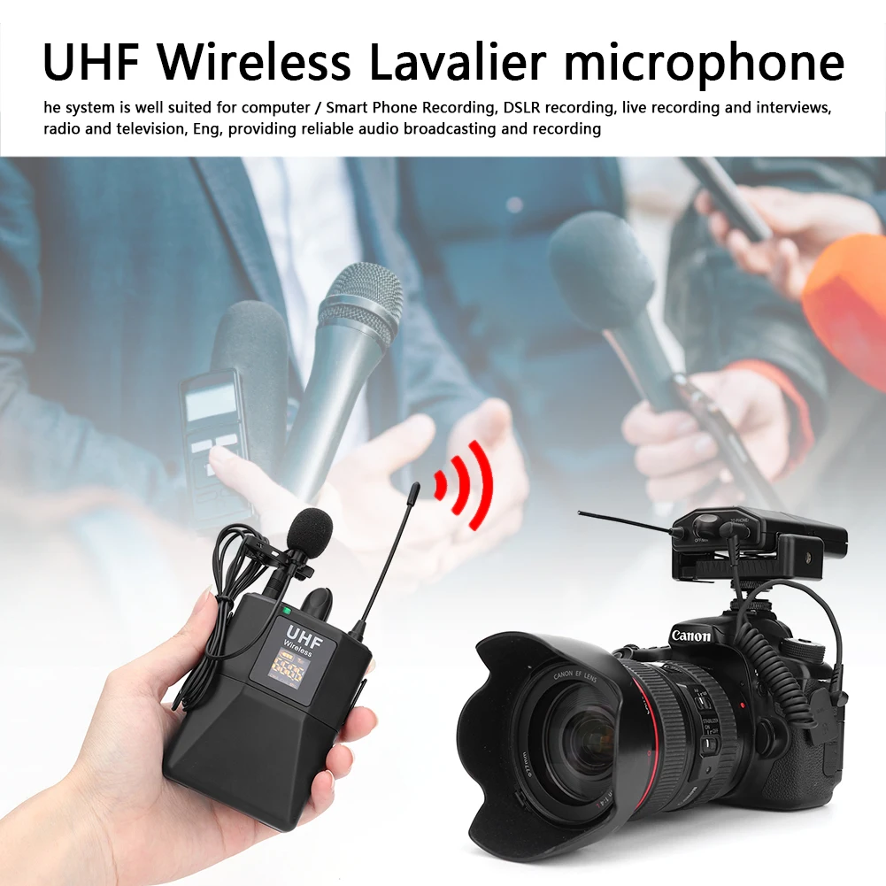 

20-Channel UHF Wireless Lavalier Lapel Microphone System Chatting Network Teaching Video Conferencing for Smartphone Camera