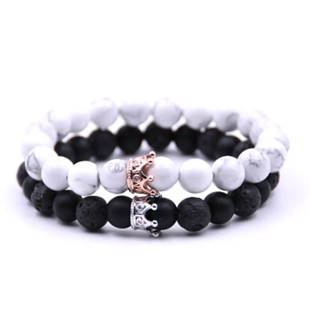 

Fashion Couple Bracelet Adjustable Volcanic Stone Marble Scrub Beads Crown Bangles For Women Men Jewelry All Match Clothes