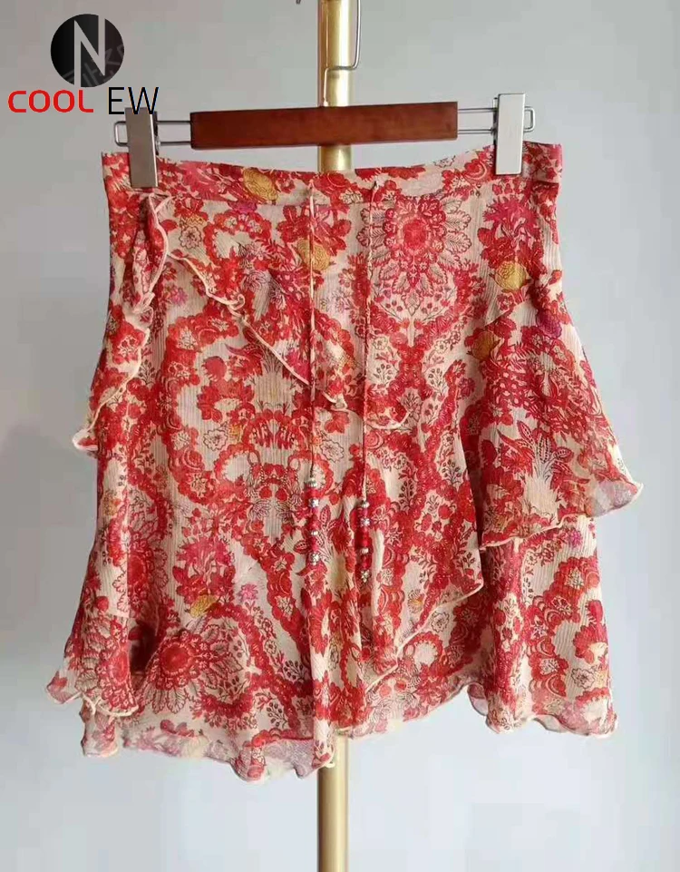 

Ladies Bohemian Style Floral Printed Beaded Drawstring Silk Short Mini Skirt