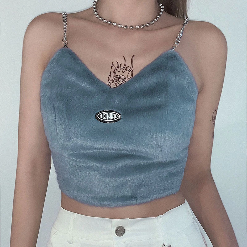 cute hairy camisole women crop tops Metal chain sling design tank 2020 summer hot casual party streetwear vest mujer | Женская одежда
