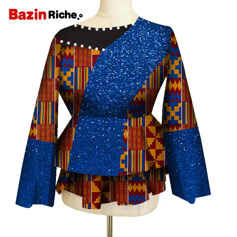 

Spring Fall Long Sleeve Top Fashion Dresses Blouse with White Pearls African Print Glitter Fabric Patchwork Clothing WY7203