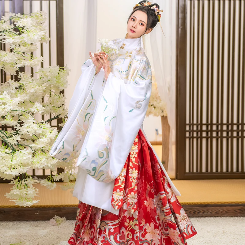 

Hanfu Suit Female Winter Warm Double-Layer Coat Ming Dynasty Big Sleeve Long Robe And Skirt Festival Day Stage Costumes DQL6587