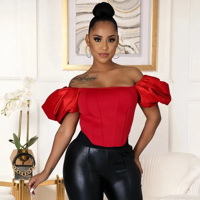 

Spring Short Puff Sleeve Shirt Women Casual Square Collar Short Sleeve Crop Tops Fashion Elegant Backless Red Corset Top Shirt