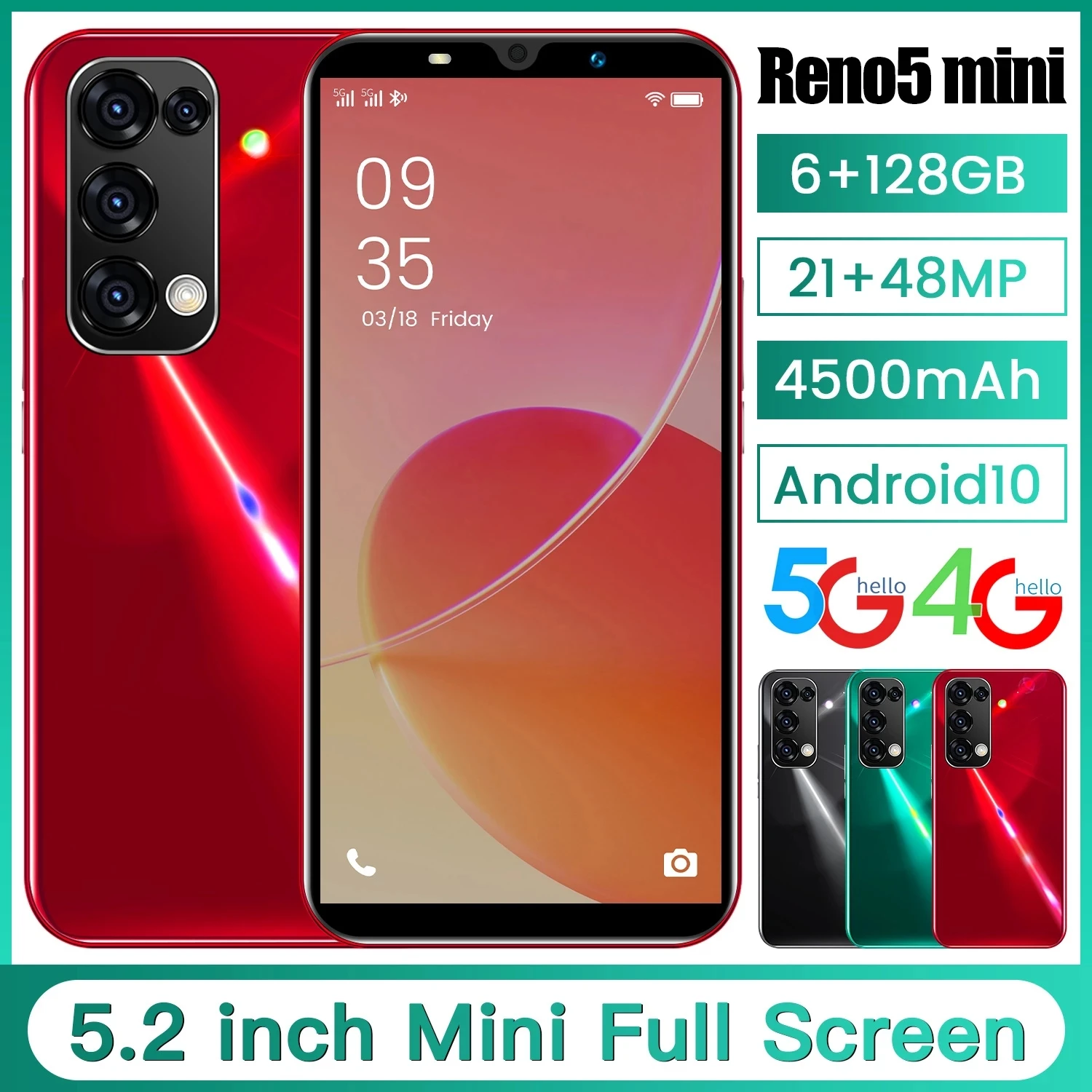 

Reno5 mini Global Version 5.2nch full screen 6+128GB 21MP+48MP camera MTK6895 4500mAhbattery Face fingerprint ID Smartphone