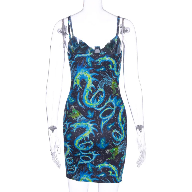 

Gwirpte vintage print sleeveless sexy mini dress women Spaghetti Straps Backless streetwear party night summer dresses