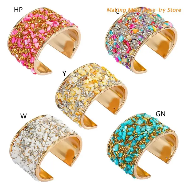 

European Bohemian Metal Zircon Bangle Colorful Bridal Rhinestone Resin Stone Open Adjustable Wide Cuff Bracelet Women Jewelry
