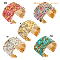 european bohemian metal zircon bangle colorful bridal rhinestone resin stone open adjustable wide cuff bracelet women jewelry