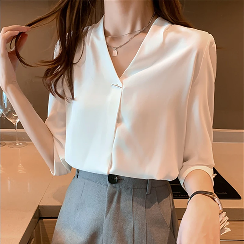 

Office Lady Chiffon Shirt Summer Fashion Short Sleeve Women Blouses 2022New V-neck Loose Vintage Tops Thin Blusas Mujer 15375