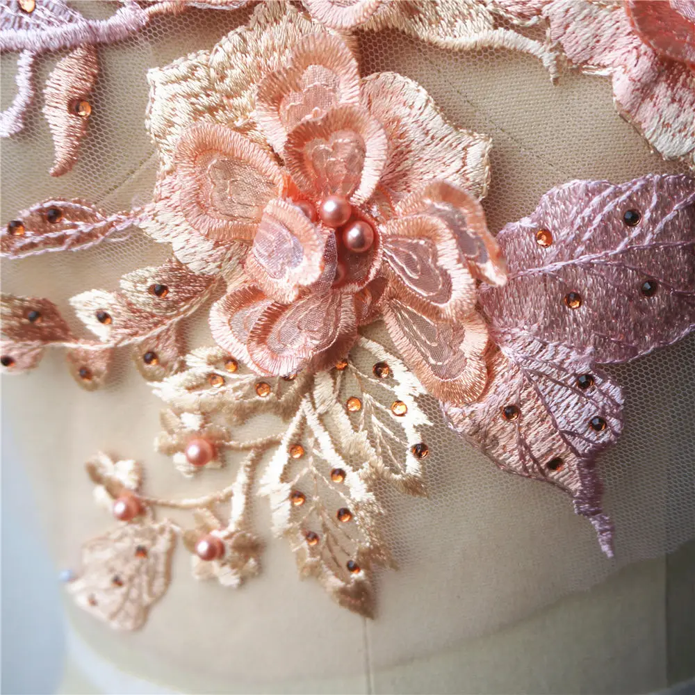 Apricot Pink Beads Lace Fabric Sequin 3D Flowers Embroidered Gown Appliques Collar Mesh Sew Patch For Wedding Dress Decoration | Дом и сад
