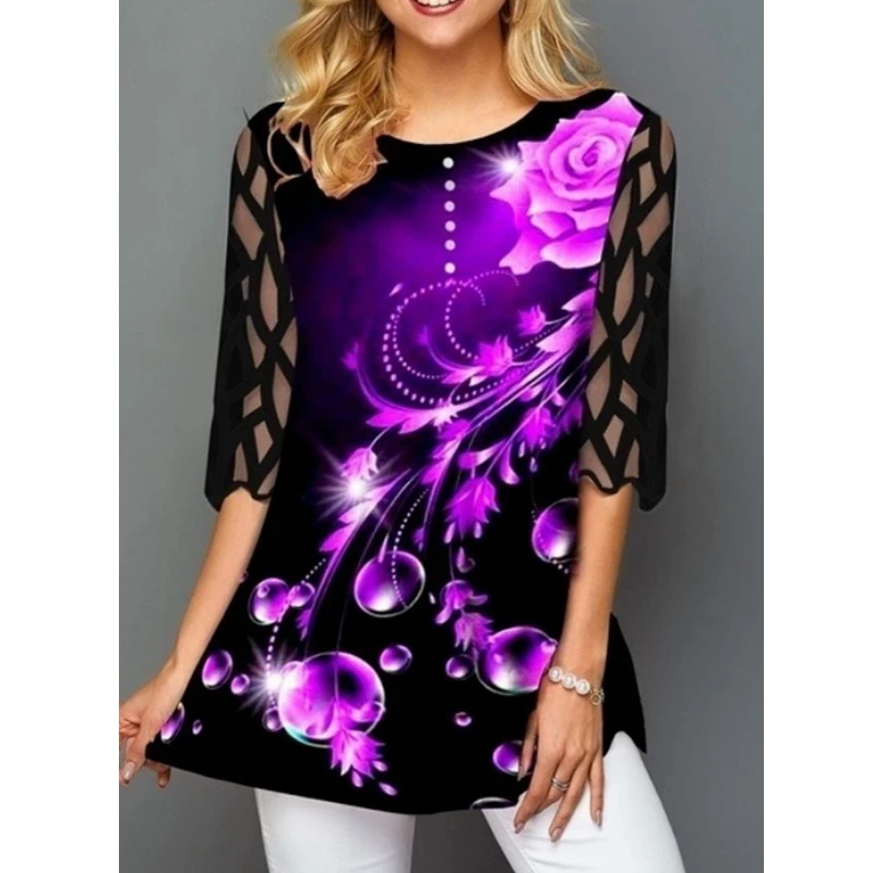 

WEPBEL Printed Slim Shirt Women's Casual Shirt Summer Fashion Mesh Lace Patchwork O-Neck Shirt
