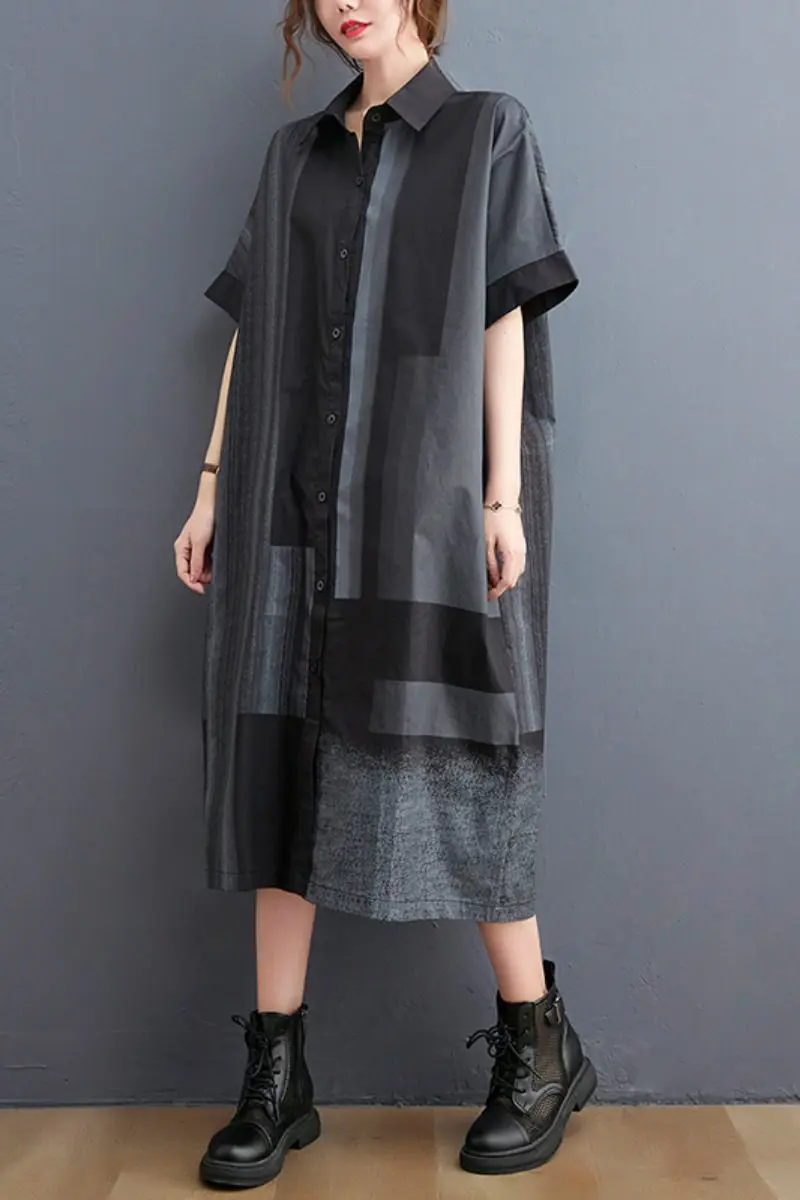 

2021 Summer Fashion Dress Korean Short Sleeve Loose Long Shirt Retro Plus Size Women's Clothing Casual Stripe Splice Tops M41