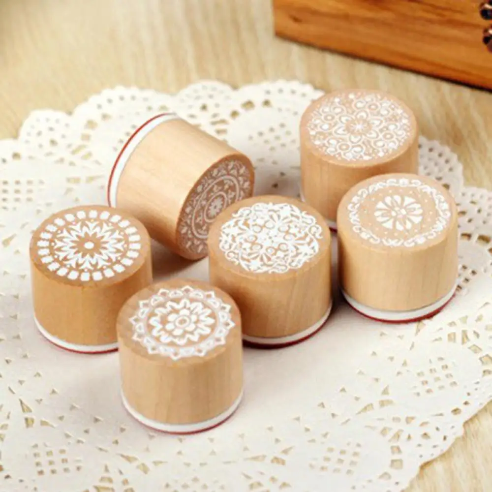 6pcs Wooden Round Vintage Floral Pattern Rubber Stamp Mandala Lace Pottery Polymer Clay Scrapbook Embossing Craft DIY Tools | Дом и сад