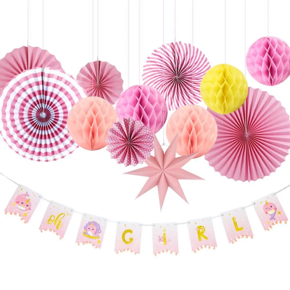 Baby Girl Shower Decorations Glitter Narwhal Gold Oh Banner Paper Fans Balls Star Lantern First Birthday Party | Дом и сад