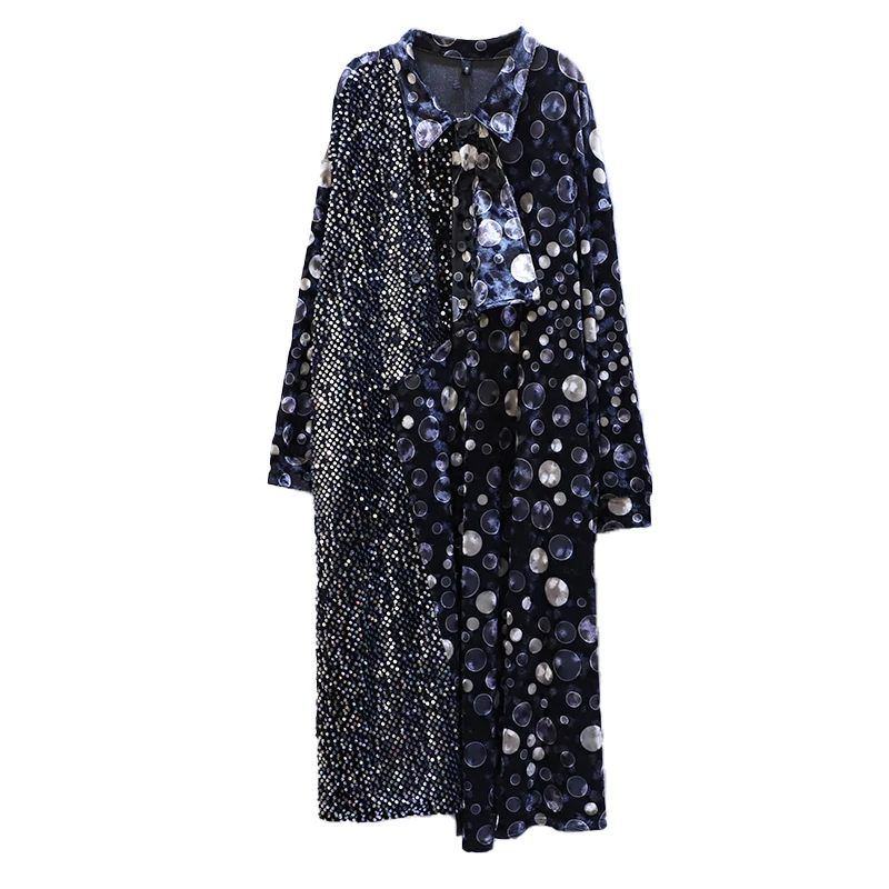 

Women Dot Printed Blouse 2021 Spring Sequin Patchwork Long Sleeve Loose Ladies Shirt Fashion Oversized Black Tops Chemise Femme