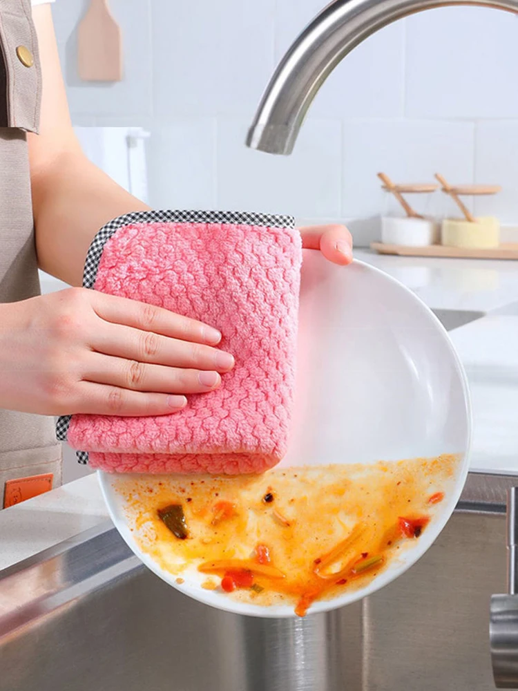 4Pcs Kitchen Microfiber Cloth Absorbent Cleaning Cloth Anti-Grease Wiping Rags Absorbable Fish Scale Wipe Cloth for Dish Stove