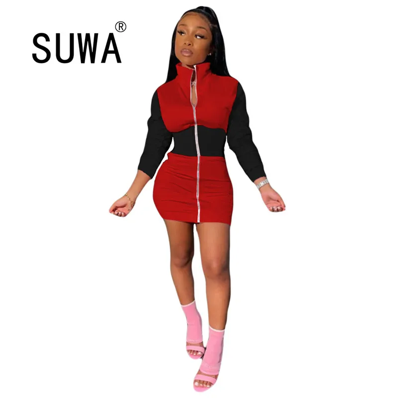 

womens streetwear 2020 new fashion contrast patchwork long sleeve dresses sexy party night club bodycon mini dress
