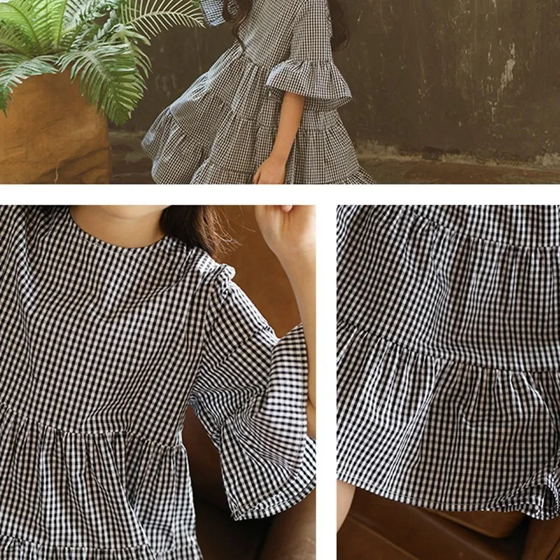 school big girls plaid dress flare sleeve summer toddler kids dresses loose children clothes size 4 5 6 7 8 10 12 14 Years | Детская