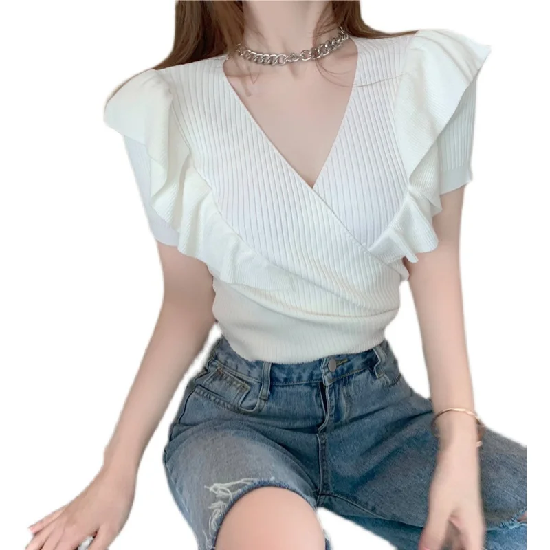 

Short Knitted T-shirt 2021 Summer New V-neck Ruffled Design Small Shirt Women's Slim-Fit Slimming Top