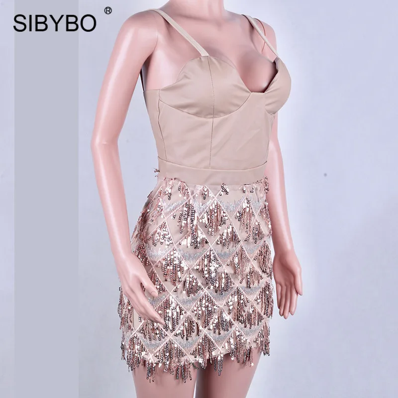 Sibybo, пэтчворк, с блестками, с кисточками, вечерние, без рукавов, на тонких бретелях, Мини, летнее, женское платье, с открытой спиной, сексуальное, короткое