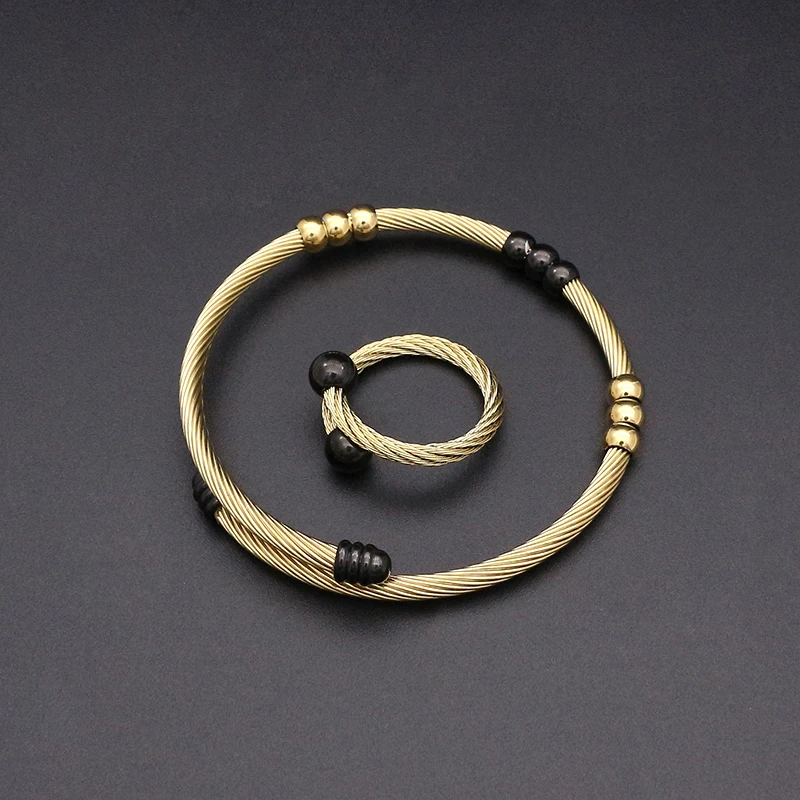 JSBAO New Arrivals Rose Gold Black Color Stainless Steel Cuff Bracelets Women Bracelet Ring Jewelry Set For | Украшения и