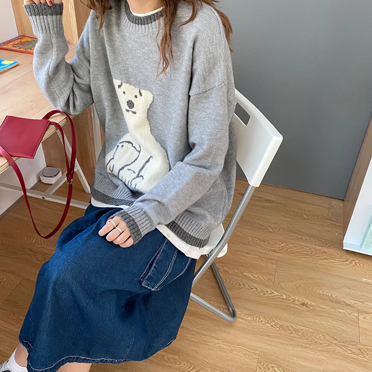 

New Autumn Sweater Women Cartoon Bear Sweater Fashion Color Matching Sweater Loose Round Neck Knitted Sweater Casual Sweater