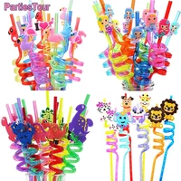 16pcs 25cm animal plastic reusable straws dinosaur jungle flamingo unicorn theme drinking straws for kids birthday party favors