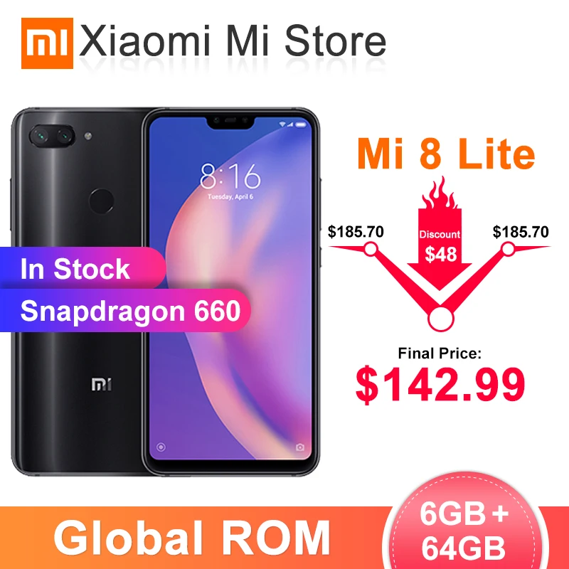 Глобальная ПЗУ Xiaomi Mi 8 Lite, 6 ГБ ОЗУ, 64 Гб ПЗУ, Смартфон Snapdragon 660, 6,26 дюйма, FHD+ экран, фронтальная камера 24 МП
