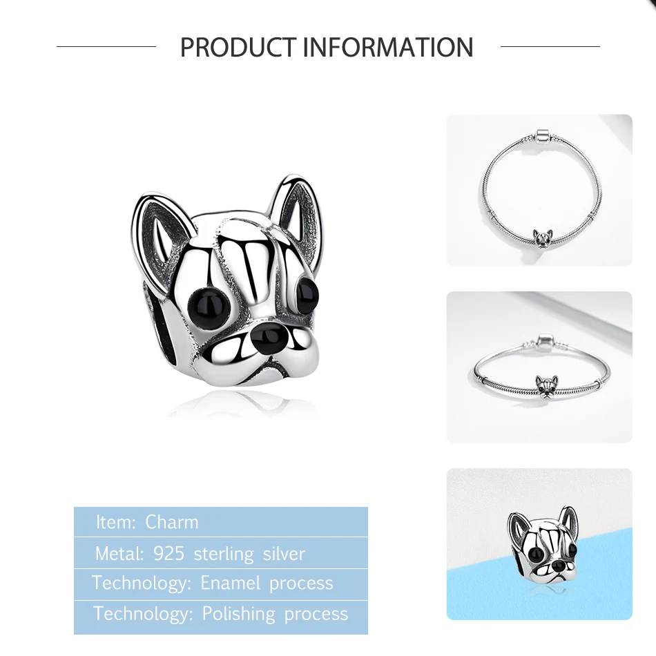 BELAWANG 925 Серебряный Браслет с привязанным французским бульдогом, животные бусины подходят для изготовления браслетов в стиле DIY.