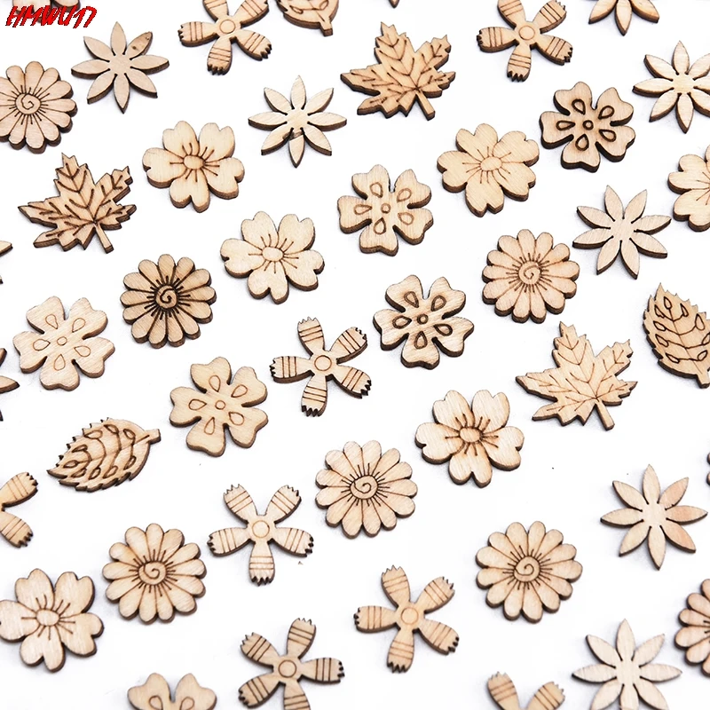 

100pcs/Bag Mix Wooden Pieces Creative Flower Leaves Cutouts Slice For DIY Wooden Art Decoration Home Party Doodle Scrapbooking