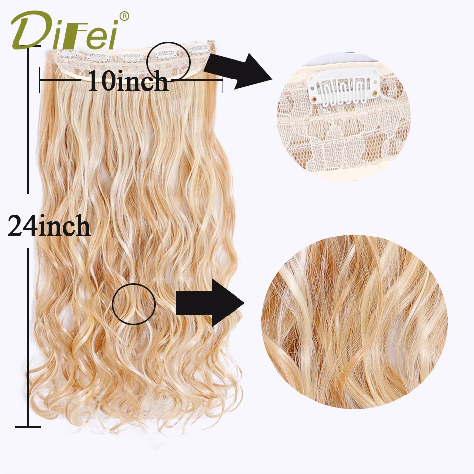 DIFEI 24 inch Long Wavy Clip in one Piece Synthetic Hair Extension Brown Black Heat Resistant Fiber 5 Clips Hairpiece for Women
