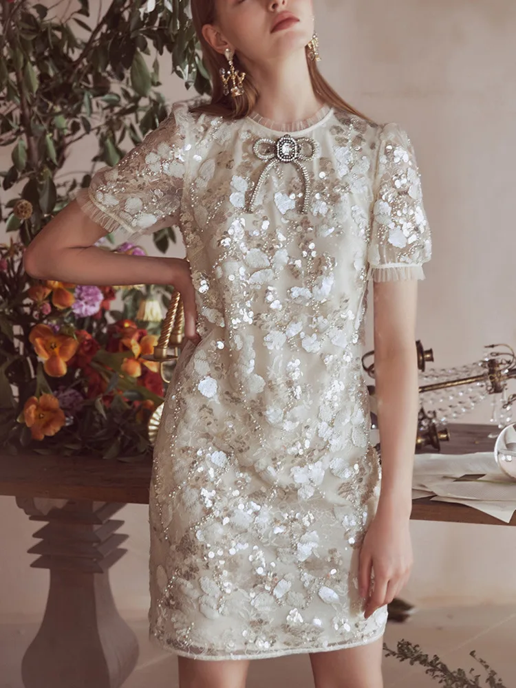 

2021 Spring New Luxury High Quality Dress Mesh Stitching Short Sleeved Round Neck Diamond Sequins Party Mini Dress Vestidos