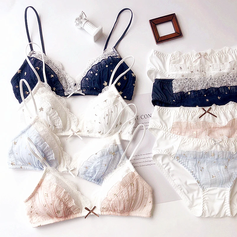 

4 colors M L Lace small cotton cup with thin pad comfortable underwear sets for young girls sexy new star women lingerie suits