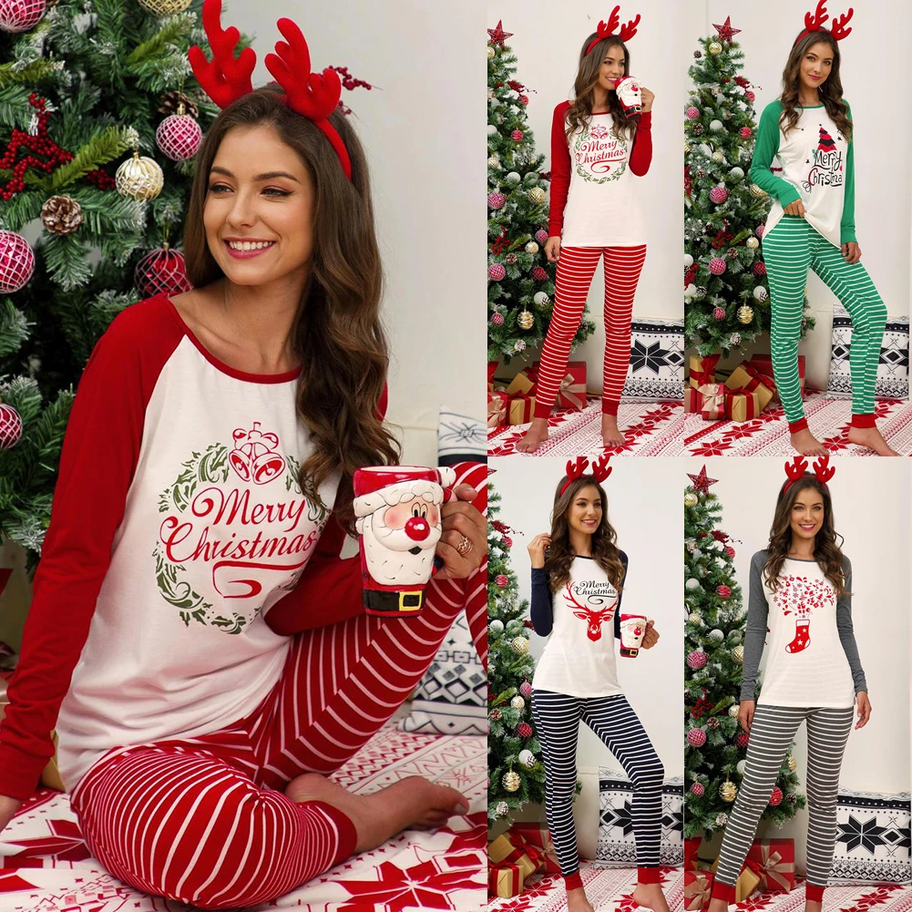 

Christmas Costume Letters Printed Long Sleeve Shirt Plaid Long Pants Casual Pajamas Women Home Service Suit Two-piece Set