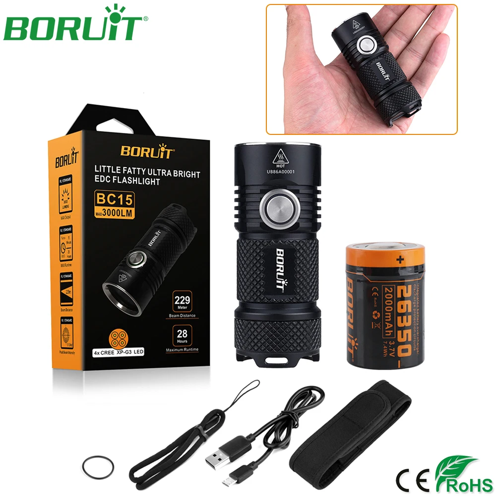 

BORUiT мини USB Перезаряжаемый светодиодный фонарик использует XPG3 лампы бусины 200 метров Освещение Расстояние использования d для приключений о...